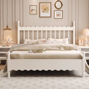 Light French Style <b>Solid</b> <b>Wood</b> 1.8M Double Bed Creamy Windsor Bed Platform Bedroom Furniture - Product Image 3
