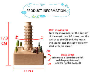 Caja de música de madera de Torre Inclinada de arquitectura famosa con coche en movimiento mecánico ecológico madera de haya sin batería - Product Image 5