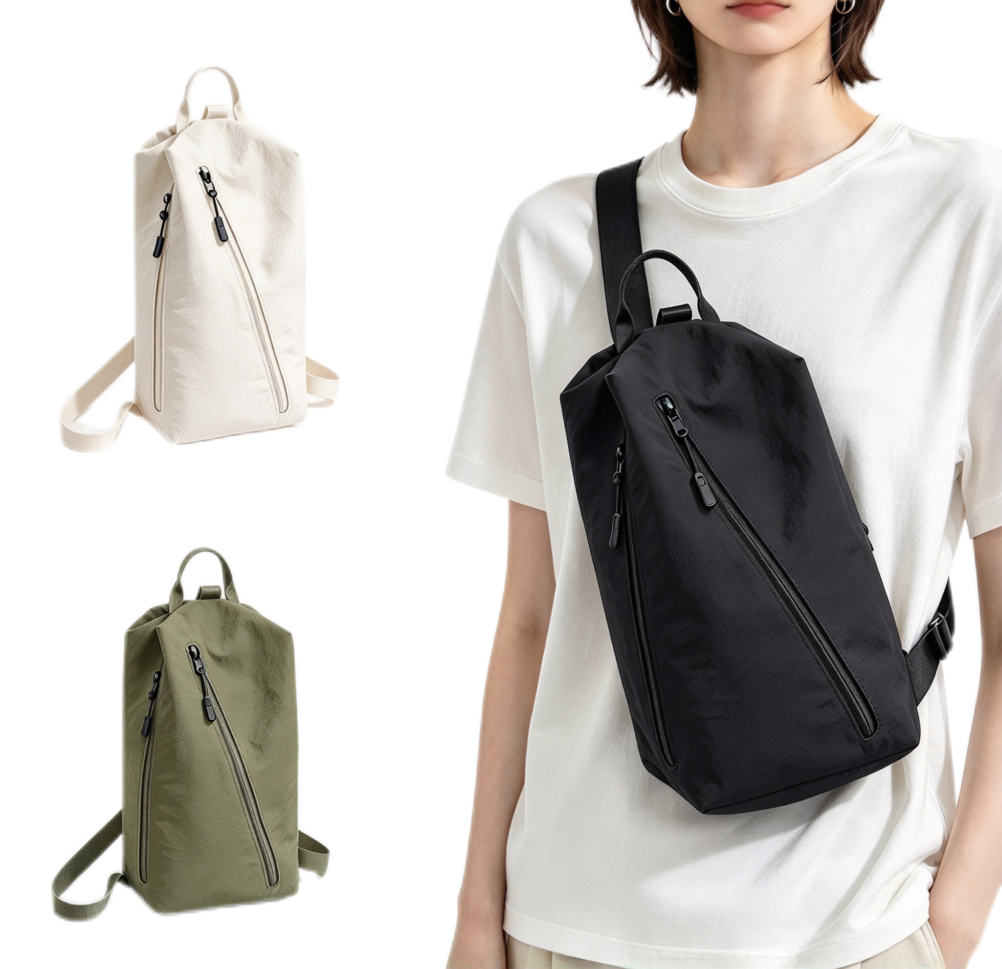 Large Capacity Nylon Multi-Zipper Crossbody Chest Bag