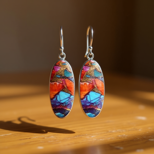 Orecchini Pendenti Bohemia da Donna Placcati Argento con Pietra Naturale Ovale e Resina, Montatura a Castone, Accessori Moda per Feste - Product Image 2