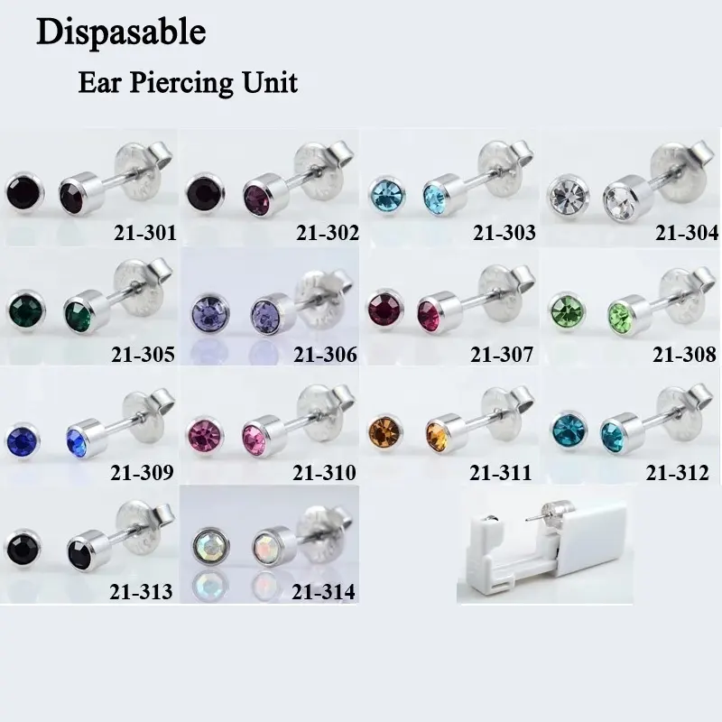 Stainless Steel & Gold Plating Birthstone Sterilized Disposable Ear Piercing Unit Gems Earring Studs Piercing Body Jewelry