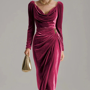 Abiti da sera lunghi da donna 2026 in velluto casual, anti-piega, a vita alta, sexy, a maniche lunghe, modellanti e plissettati - Product Image 5
