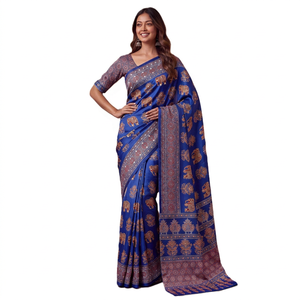 Sari Tradicional Indio de Seda con Estampado Digital Ajrak, Diseño de Elefantes Azules, para Bodas, Largo hasta el Suelo, Corte Regular para Mujer - Product Image 1