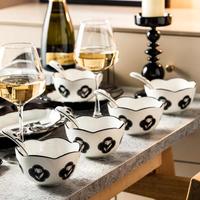 Service de table en céramique peint à la main, motif tulipe noir et blanc, style vintage, comprenant bol, assiette, cuillère, vaisselle complète, logo personnalisé, cadeau de pendaison de crémaillère