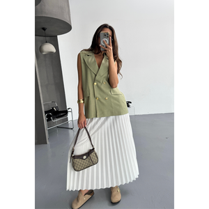 Gilet en lin vert avec boutons dorés, tissu tissé, broderie vintage, style streetwear coupe-vent - Product Image 2