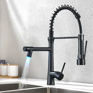 Brass led light kitchen faucet Deck Mount Hot Cold Water Mixer Tap 360 Rotate High-Pressure Sprayer Head Sink Spring Taps