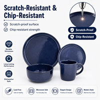 Service de vaisselle en grès céramique classique et durable avec assiettes plates, bols à soupe et tasses à café - Compatible lave-vaisselle et four