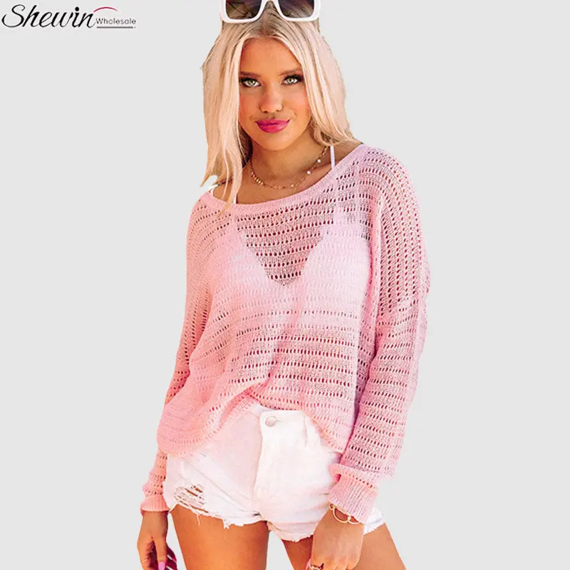 Wholesale Fashion Pink Eyelets Long Sleeve Summer Tops Casual Knit Summer Clothes Women