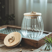 Pot de rangement moderne et minimaliste en verre cristal rayé transparent hermétique avec couvercle en bambou et poignée en cuivre, capacité 620-780 ml, pour thé