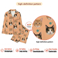 Pyjama personnalisé à carreaux avec visage de chat, manches longues, col cranté pour femme, vêtement de nuit, photo personnalisée, tenue décontractée, dropshipping, MOQ 1
