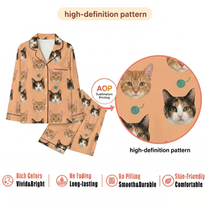 Pijamas a Cuadros con Cara de Gato Personalizada, <span class=keywords><strong>Manga</strong></span> Larga, Cuello de Solapa, Ropa de Dormir para Mujer, Ropa de Casa con Foto Personalizada, Dropshipping MOQ 1 - Product Image 3