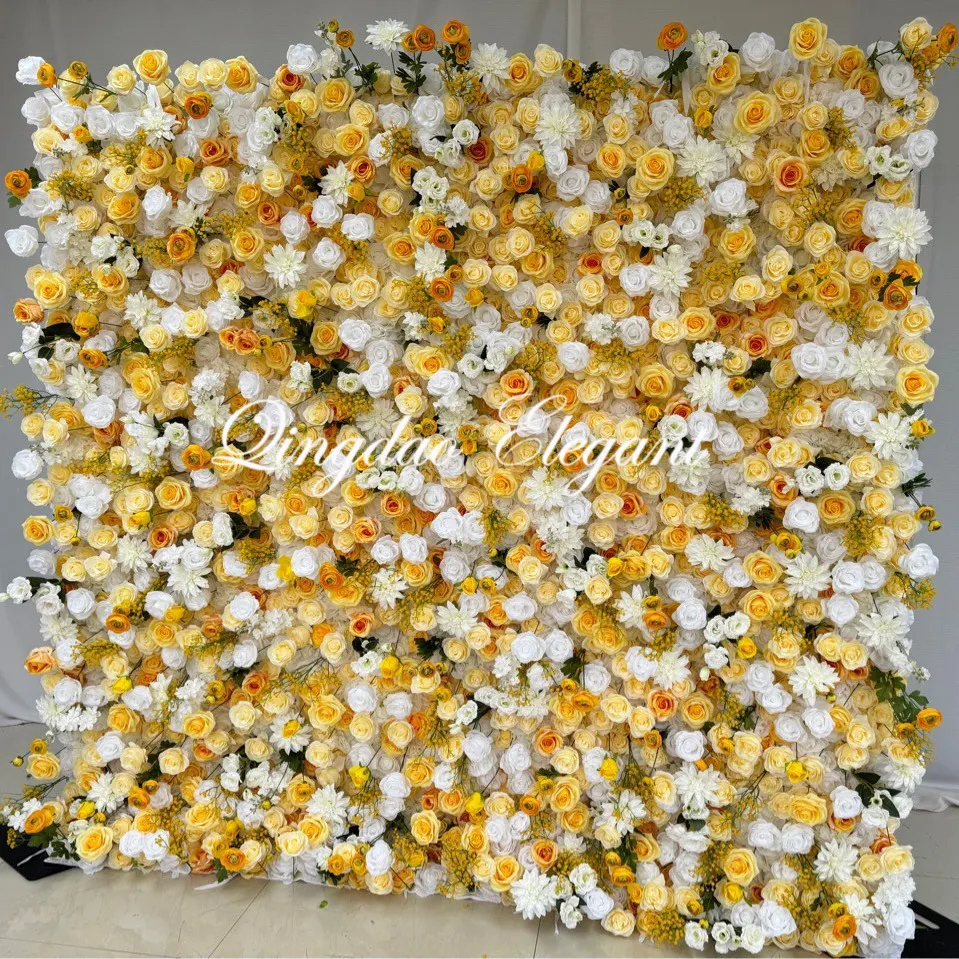 EG-WD91-3 15 साल पुरानी पार्टी फ्लोरल रोज़ बैकड्रॉप्स इवेंट रोल अप फैब्रिक कृत्रिम 5डी पीले गुलाब के फूल की दीवार