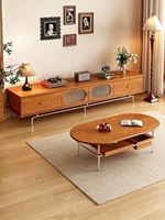 Ensemble table basse et meuble TV en bois massif, console multimédia de style mid-century avec tiroir de rangement, structure en acier inoxydable, meubles de salon