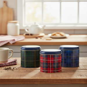Kontensan 3-Piece Round Tin <b>Box</b> Kitchen Set with Dome Lid & Plaid Design - Product Image 3