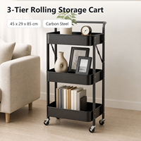 Chariot de rangement à 3 niveaux en acier au carbone avec roulettes, chariot utilitaire pour la maison, la cuisine, la salle de bain, étagère organisatrice noire multi-usages
