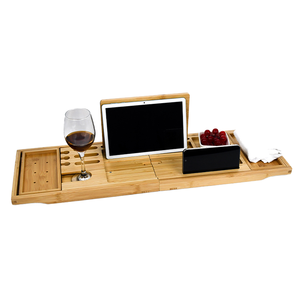 Cadeau de fête prénuptiale : Plateau de bain extensible en bambou pour salle de bain avec <span class=keywords><strong>porte</strong></span>-verre à vin - Product Image 1