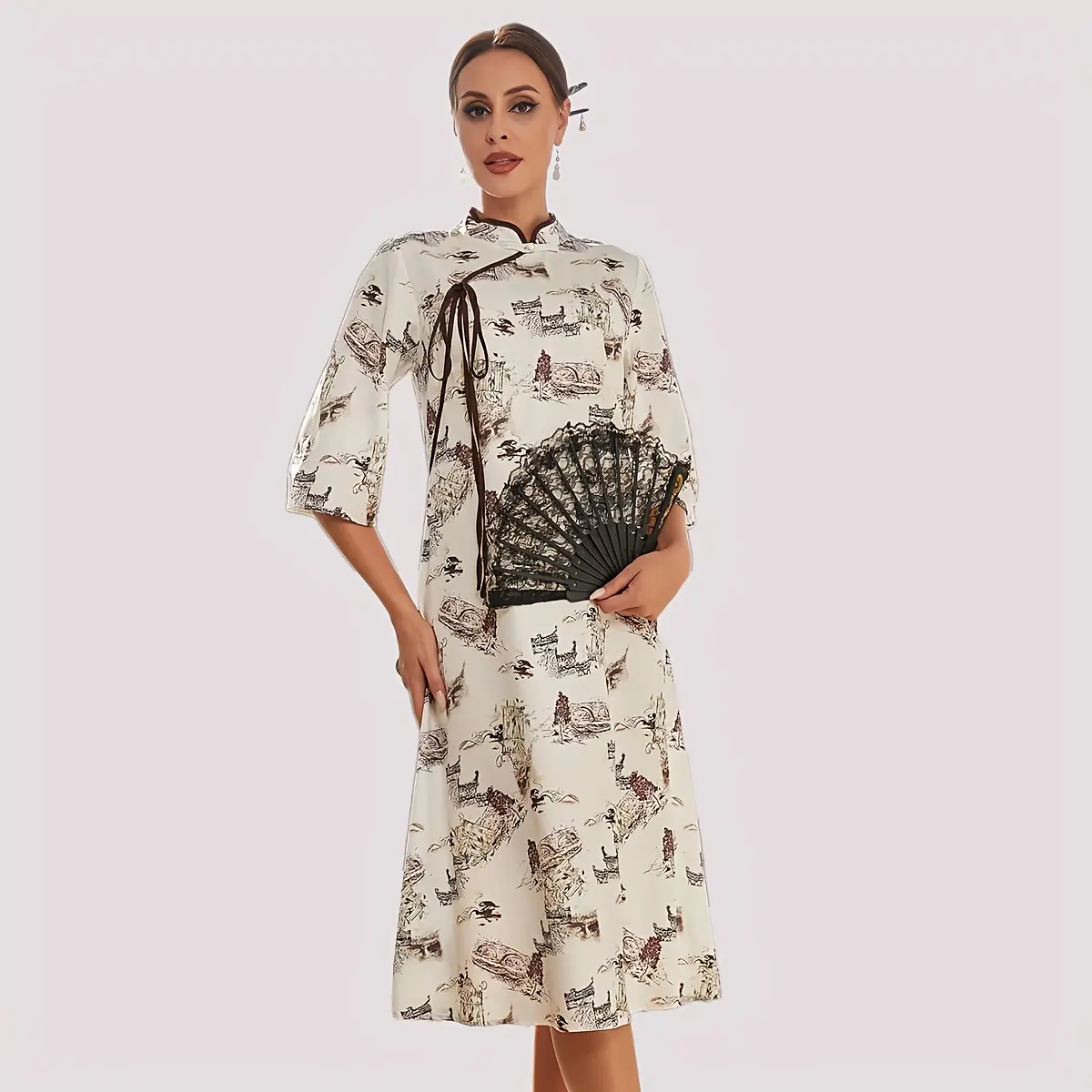 TICOSA Mid-length improved cheongsam retro Chinese style spring and summer new fashion young print dress