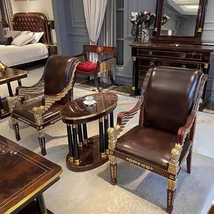 Chaise longue classique européenne en bois sculpté en chêne chesterfield en cuir chaises de loisirs <span class=keywords><strong>d</strong></span>'accent chaise occasionnelle - Product Image 1