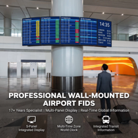 Terminal FIDS mural professionnel avec écran LCD intégré multi-panneaux et horloge mondiale pour aéroports et hubs de transit