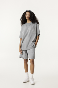 Estivo Trendy marchio americano pesante sputing ippocastano sfumato t-shirt a maniche corte da uomo di grandi dimensioni con Set di Shorts - Product Image 3