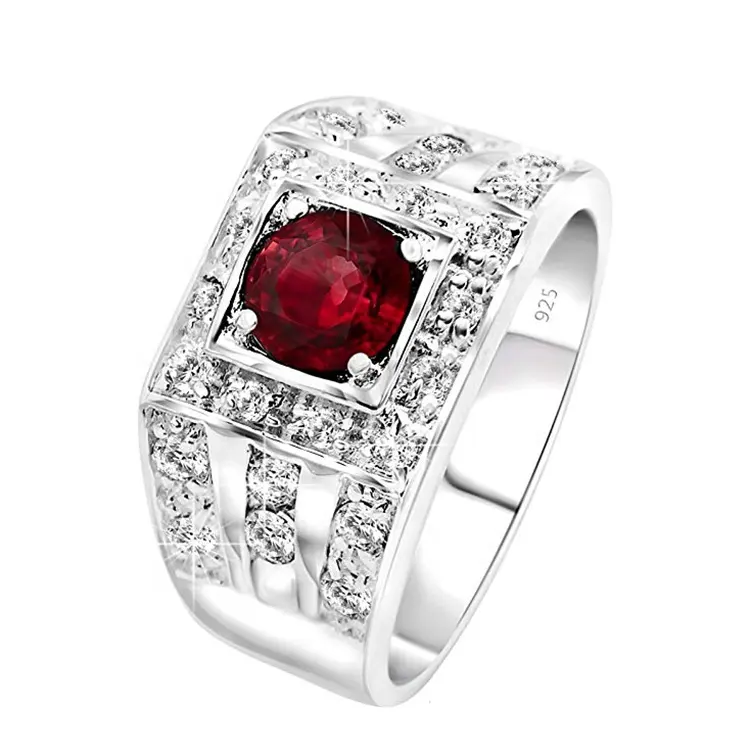 Peishang Plated Jewelry Designs Big CZ Gemstone Ring Gold Custom 925 Sterling Silver Cubic Zirconia Ruby Engagement for Men GTC