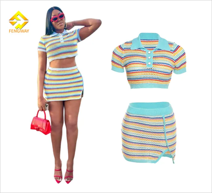 ladies clothes 2023 summer Stripes crop top match skirts set knitted two piece set women clothing