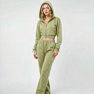 Conjunto de Top Corto con Capucha y Pantalones Deportivos a Juego en Verde Oliva para Mujer, Manga Larga, Corte Holgado Informal, Color Sólido, Dos Piezas - Product Image 2