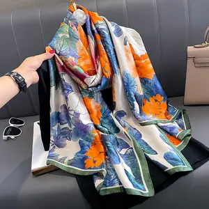 Hot Sell New Fancy Flower Printed Silk Head Scarf Wrap Ladies Soft Large Floral Pattern Silk Scarves 180*90CM Beach Shawl Stoles