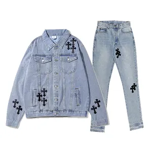 Chrome Denim Jacket High street Cross Old School Jean Men's Coat Loose fit oversize Vintage Custom denim jeans and jackets sets