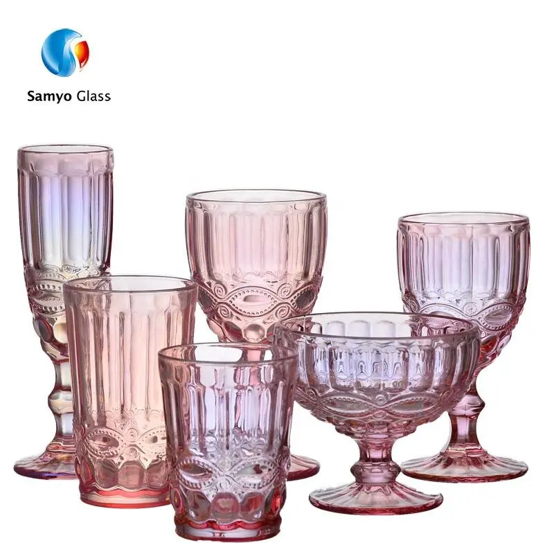 China Lieferanten einfarbig geprägte Retro Vintage blau rosa Rotwein Becher Glas für die Hochzeit