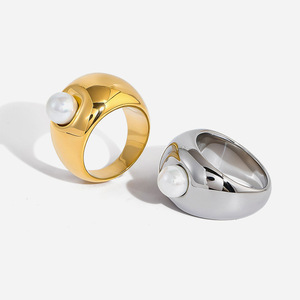 Anillo de Perlas de Acero Inoxidable con Engaste Geométrico y Perla AAA, Joyería para Fiestas - Product Image 1