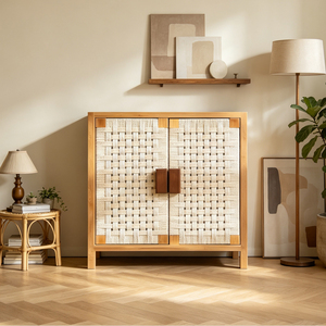 Buffet d'entrée Japandi en bois <span class=keywords><strong>de</strong></span> frêne à 2 portes avec panneaux tressés, meuble <span class=keywords><strong>de</strong></span> rangement côtier australien, organisateur pour l'Australie - Product Image 2
