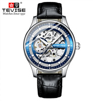 Montre automatique mécanique pour homme TEVISE T836D, nouveau modèle, cadran squelette ajouré, bracelet en cuir, aiguilles lumineuses, montre sport tendance