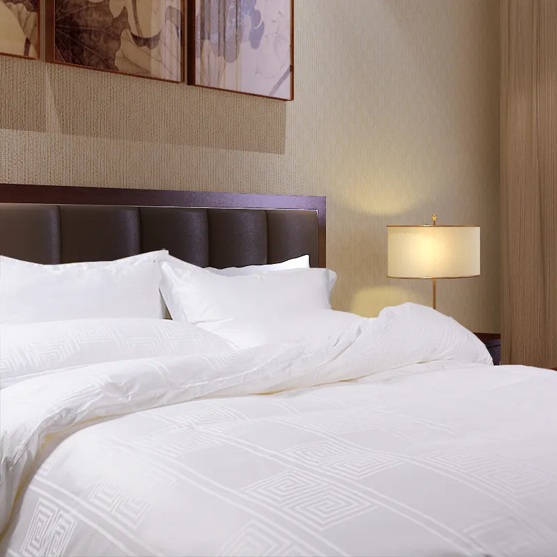 100% di Cotone A Guangzhou Tessile Biancheria da letto Lenzuolo Copripiumino Bianco Di Lusso Per L'esportazione Hotel Lenzuola Con Il Marchio Del Ricamo