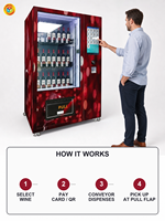 Distributeur automatique de vin rouge, écran tactile HD 22 pouces, 105 bouteilles, température contrôlée 3-20°C, paiement par carte et QR, usage commercial
