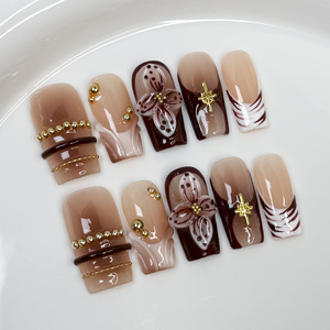 Uñas postizas largas hechas a mano al por mayor, degradado marrón nude de otoño invierno, con flores 3D, para manicura femenina. - Product Image 2
