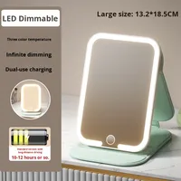 Miroir de maquillage avec lumière LED, cadre en verre PU/PS/PVC, portable, pliable, sur pied, design moderne et simple, pour bureau, étudiant, dortoir, maison