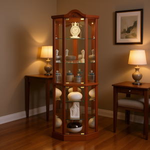 Vetrina angolare classica in legno di ciliegio con ripiani regolabili e ante in vetro per arredamento domestico - Product Image 2