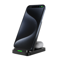 Support de charge sans fil 2-en-1 15W à double bobine pour téléphone et écouteurs, chargeur portrait/landscape pour bureau, chevet et bureau