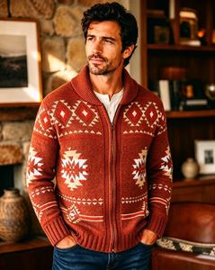 Cárdigan de hombre con cremallera, diseño jacquard geométrico, suéter de lana con cuello vuelto, prendas de punto para invierno - Product Image 1