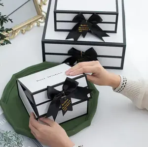 热卖方形奢华白色蝴蝶结礼品盒带丝带翻转包装盒套装化妆品纸盒