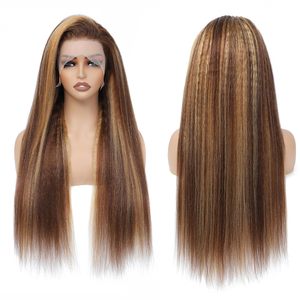Highlight <span class=keywords><strong>Ombre</strong></span> Kinky Straight 13x4 HD Perruques frontales en dentelle Yaki pré-plumées <span class=keywords><strong>Cheveux</strong></span> humains pour femmes noires P427 Couleur blonde miel - Product Image 2