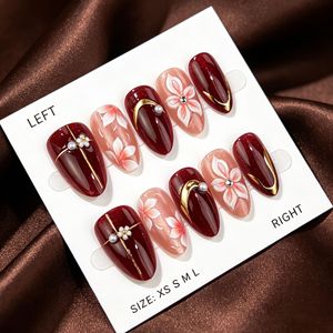 30 pièces de faux ongles à presser exquis, forme amande, effet œil de chat perlé, fleurs sculptées 3D, feuille d'or, vente en gros - Product Image 2