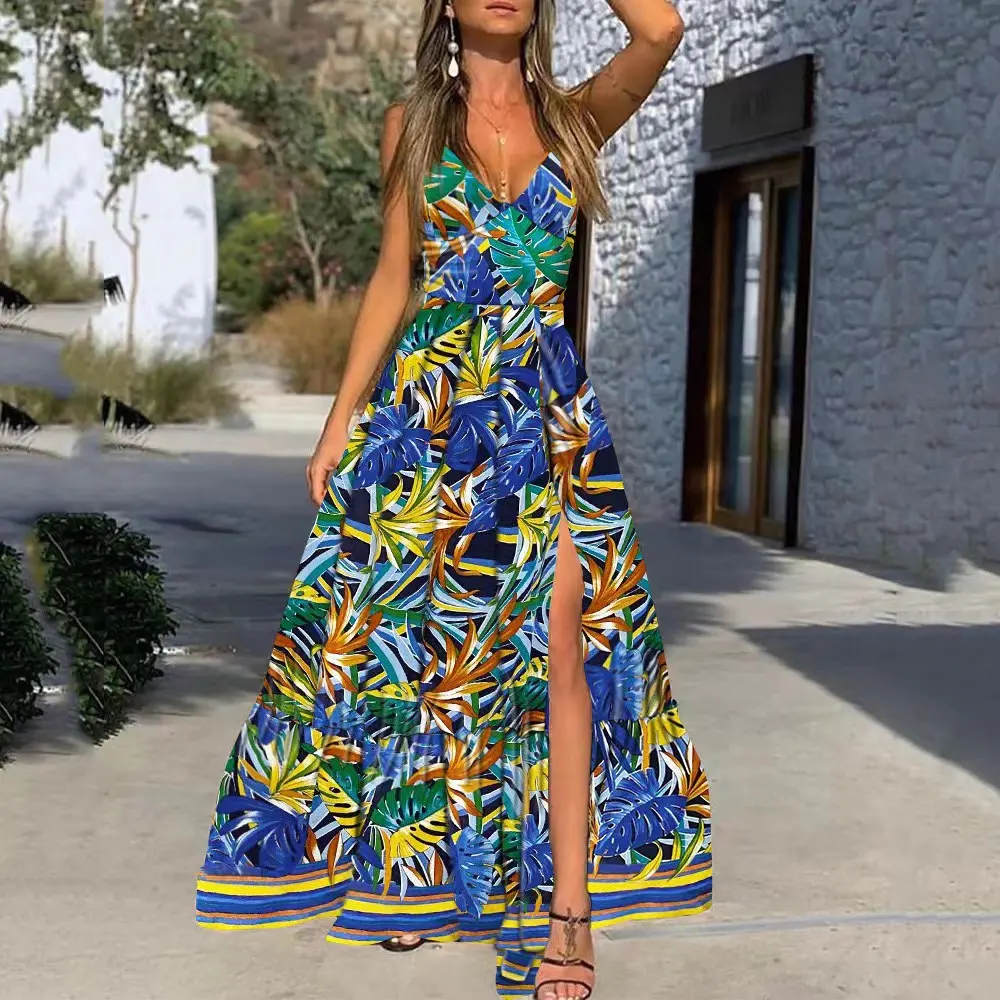 Beach resort style sexy open sleeveless print V-neck maxi dress women