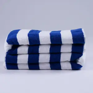 LinenPro 100% 棉酒店泳池毛巾蓝色条纹沙滩巾带标志
