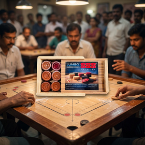 Jeu de carrom géant en bois pour l'intérieur avec pièces de jeu rondes rouges et noires et boîte de rangement - Product Image 1