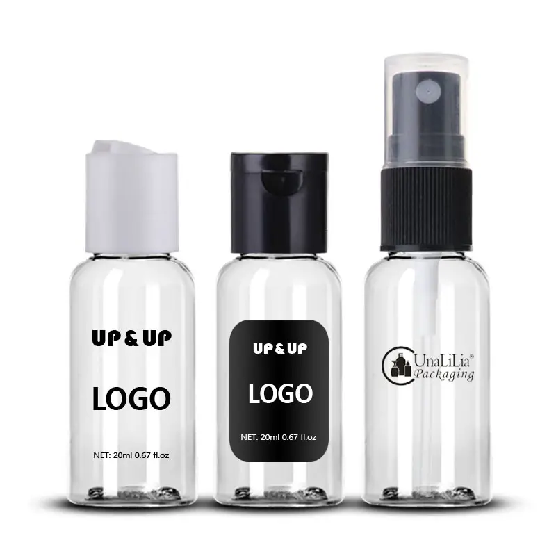 Mini Size 20Ml 0.67Oz Custom Logo Transparent Round Pet Plastic Spray Bottle For Personal Care Hand Sanitizer Alcohol Spray
