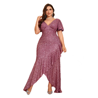 Paillettes brillantes femmes Plus élégant col en V manches volantées dos nu haute fente fluide Maxi robe de soirée avec ourlet plissé conception