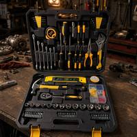 Perangkat Perkakas Tangan Rumah Tangga Profesional 108-in-1, Set Obeng, Palu, Kunci Pas, Ratchet, Soket, Kotak Perkakas Keras OEM