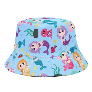 2025 chico Kawaii lindo 54cm 3-8 años niños niñas colorido dibujos animados sirena pez estampado verano viaje sol playa pescador cubo sombrero - Product Image 5